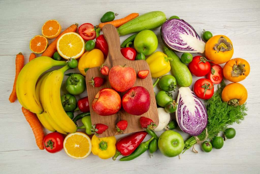 Variety of fresh fruits and vegetables ; Diet for Acne Management